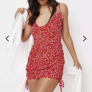 Missguided Tall Red Floral Runched Side Cowl Neck Mini Dress NEW Size 14 US